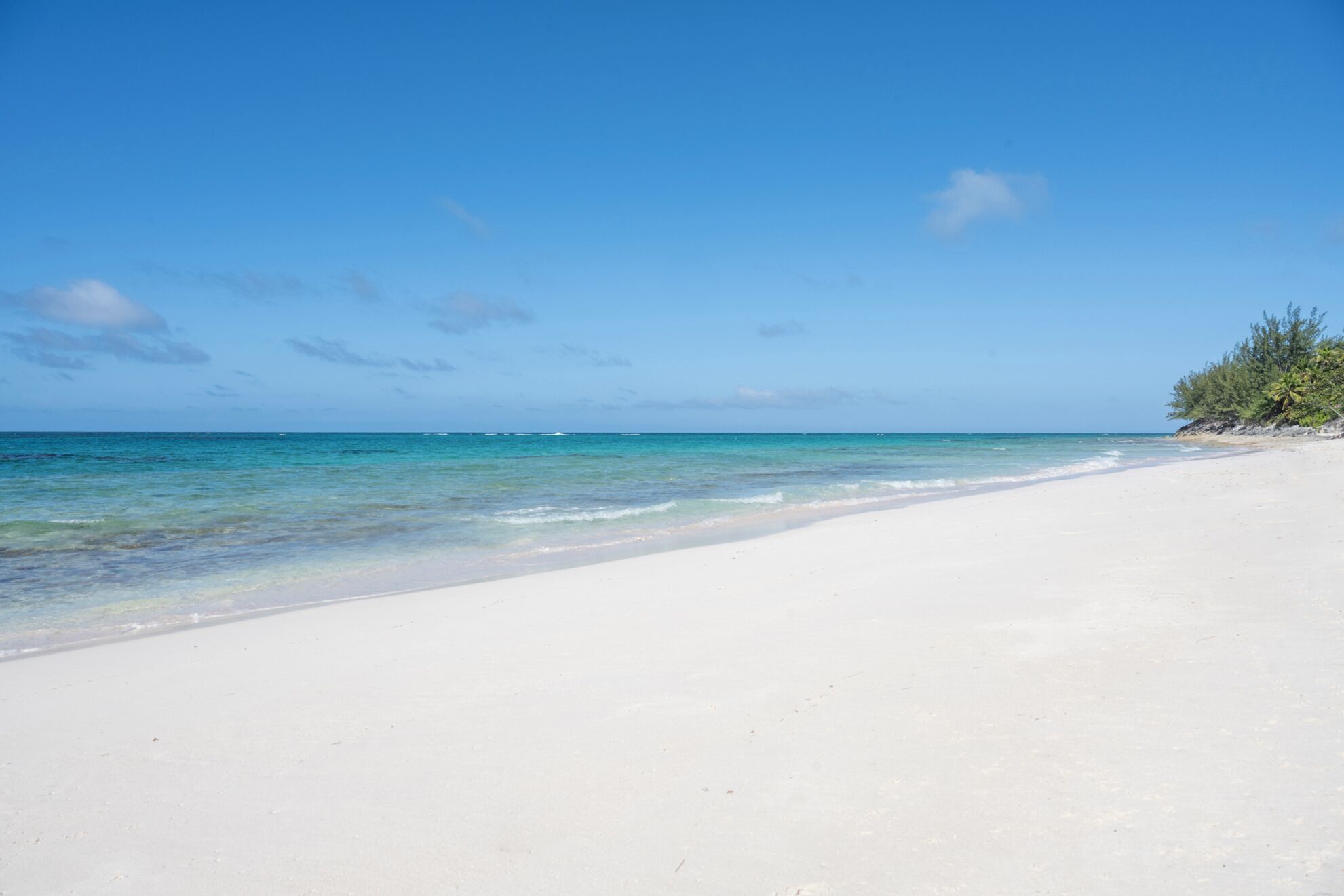 A beach with clear turquoise water, white sand, and sparse vegetation.