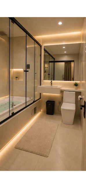 Jetted bath, hair dryer, towels, soap