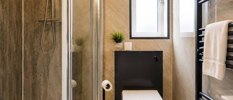 Combined shower/tub, deep soaking tub, hair dryer, towels