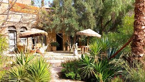 Un patio con sendero de piedra, mobiliario exterior y plantas en macetas.