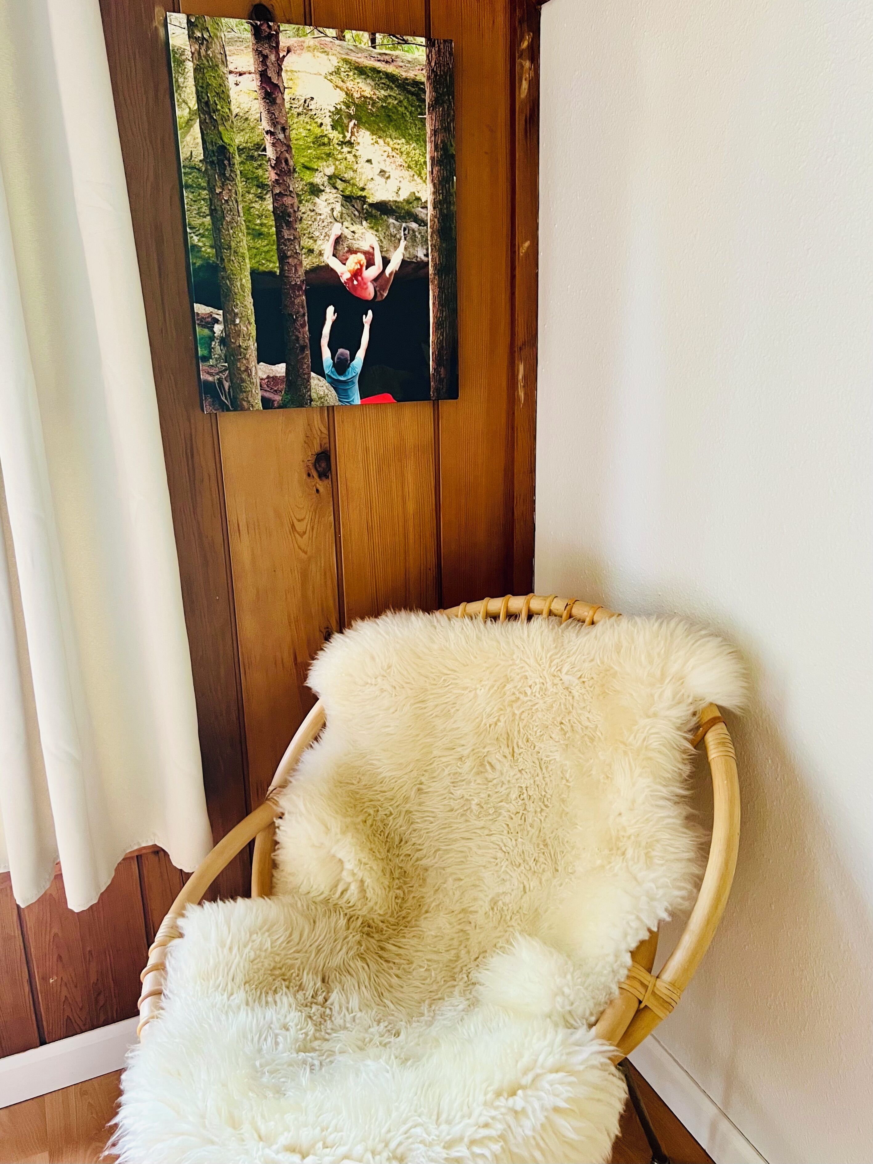 Une chaise en osier avec un coussin moelleux blanc, dans une pièce aux murs en bois et ornée d’une photographie encadrée représentant un paysage forestier.