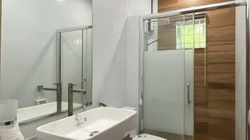 Shower, bidet, towels, soap