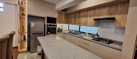 Eine moderne Küche mit Backofen, Mikrowelle und Herd. Links ist ein Holzschrank mit einer Ablage zu sehen, und eine Arbeitsplatte aus Granit.