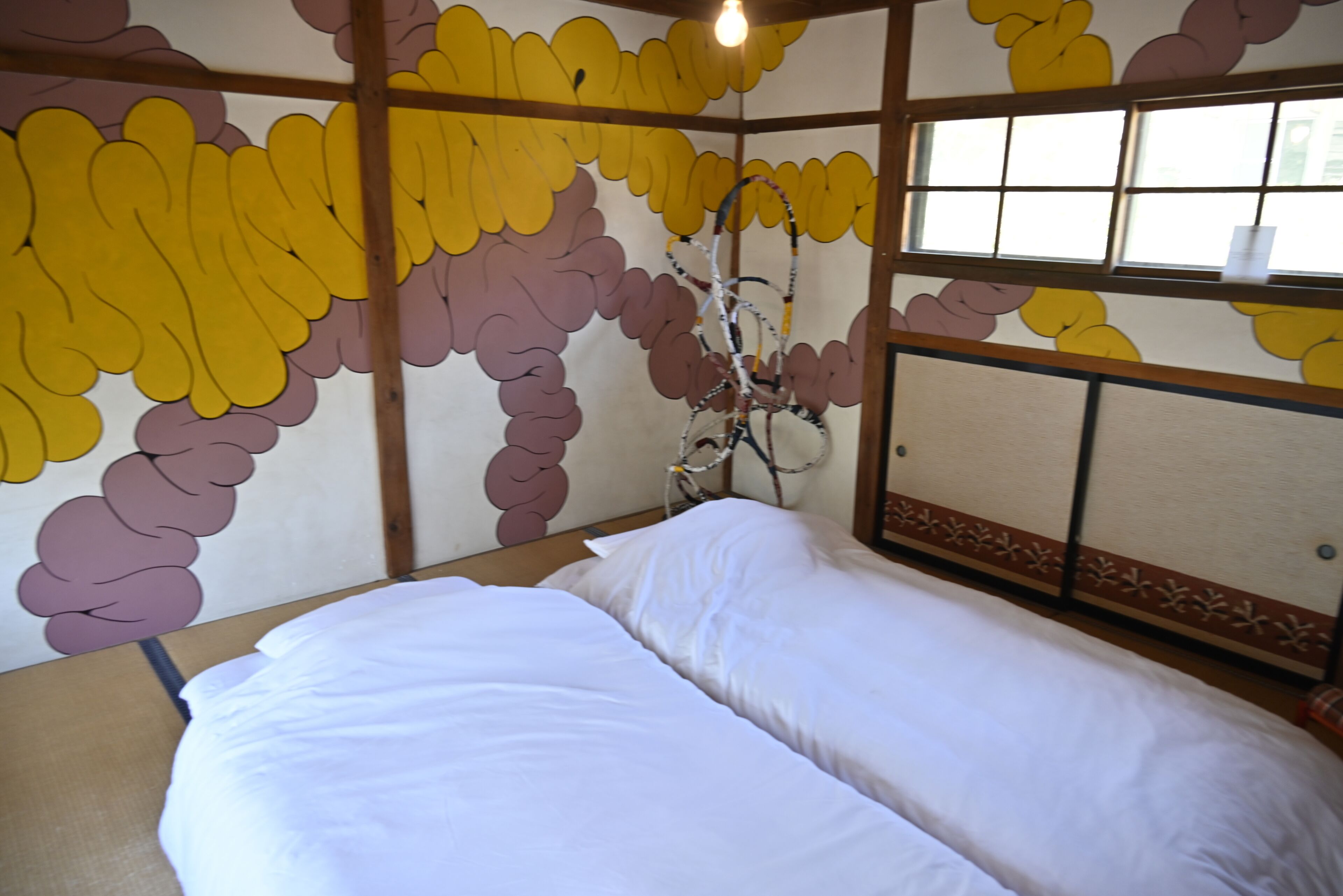 Een kamer met een bed, een raam met uitzicht en een wand met een patroon.