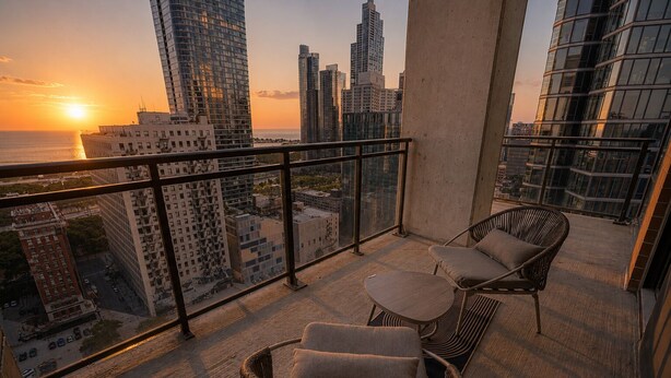 A balcony with wicker chairs and a small table, overlooking a cityscape with tall buildings and a sunset. - Chicago 2BR 27th Floor Skyline Views - 5 Min walk Grant Park (Chicago)