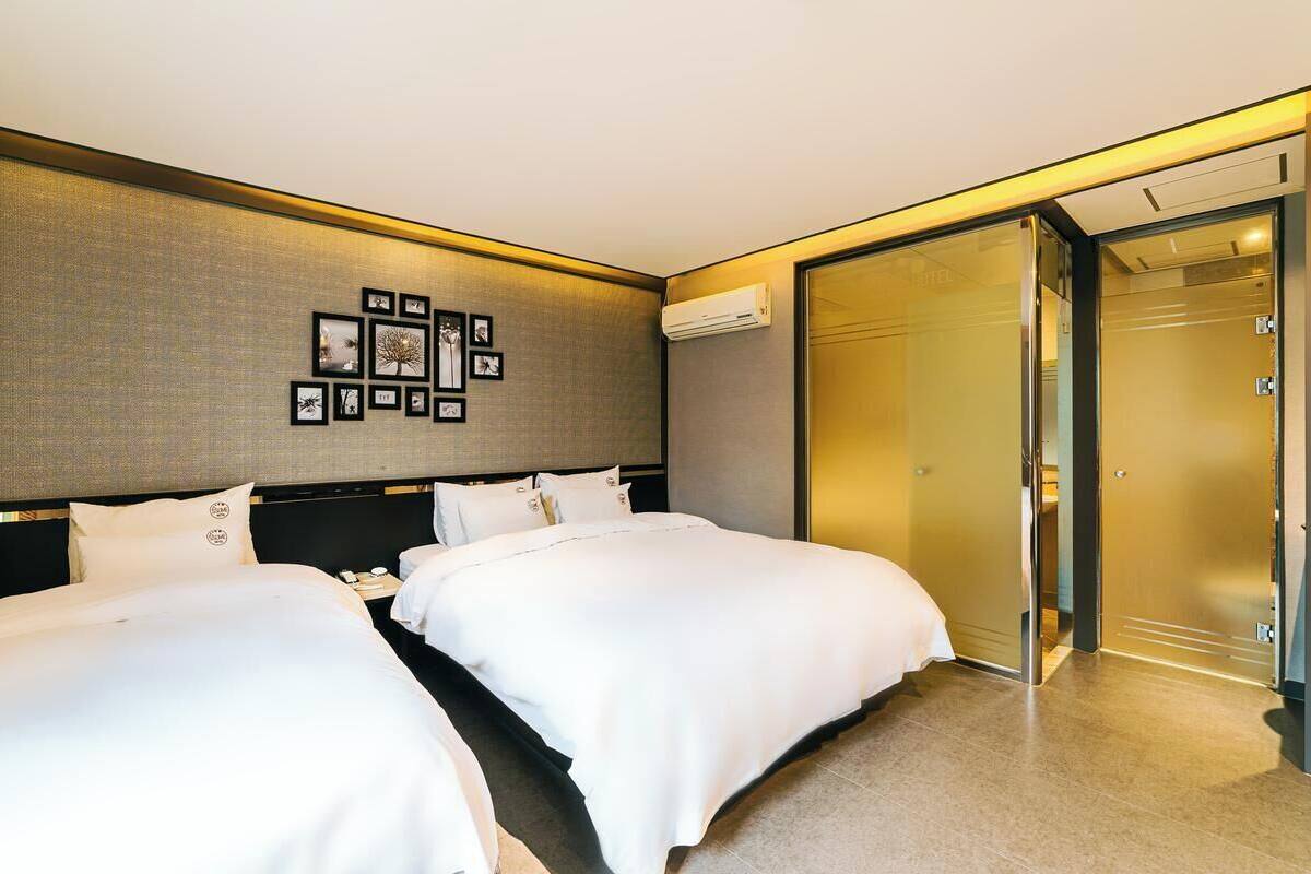 Habitación de hotel con dos camas, un panel decorativo en la pared, armario con puerta corredera y aire acondicionado.