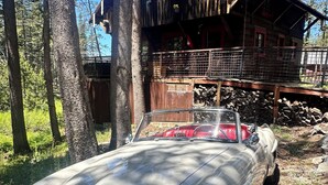 Une voiture ancienne est garée dans une zone boisée, avec un chalet visible au loin.