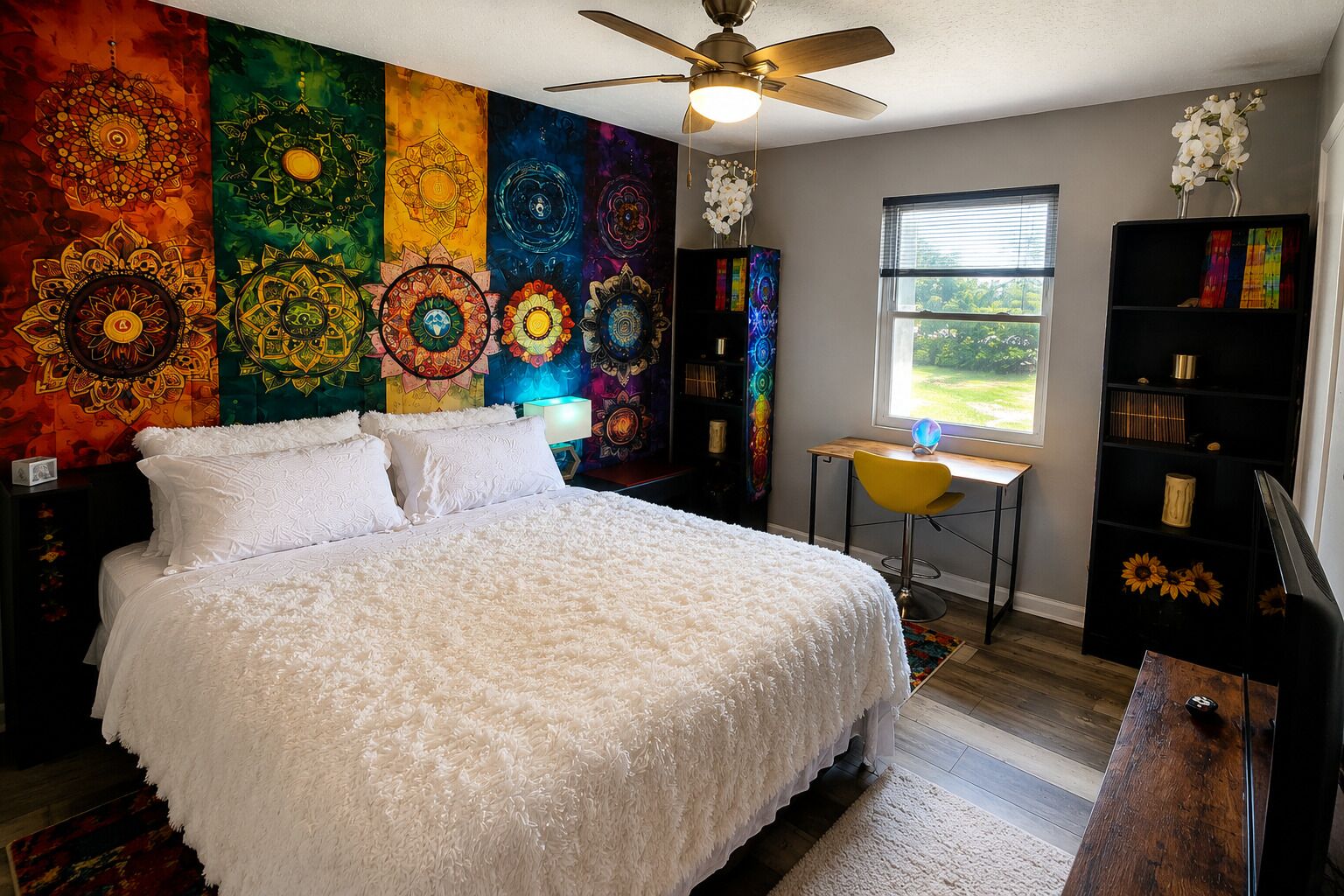 A bedroom with a bed, a desk, a chair, a bookshelf, a ceiling fan, and a window with a view of greenery.