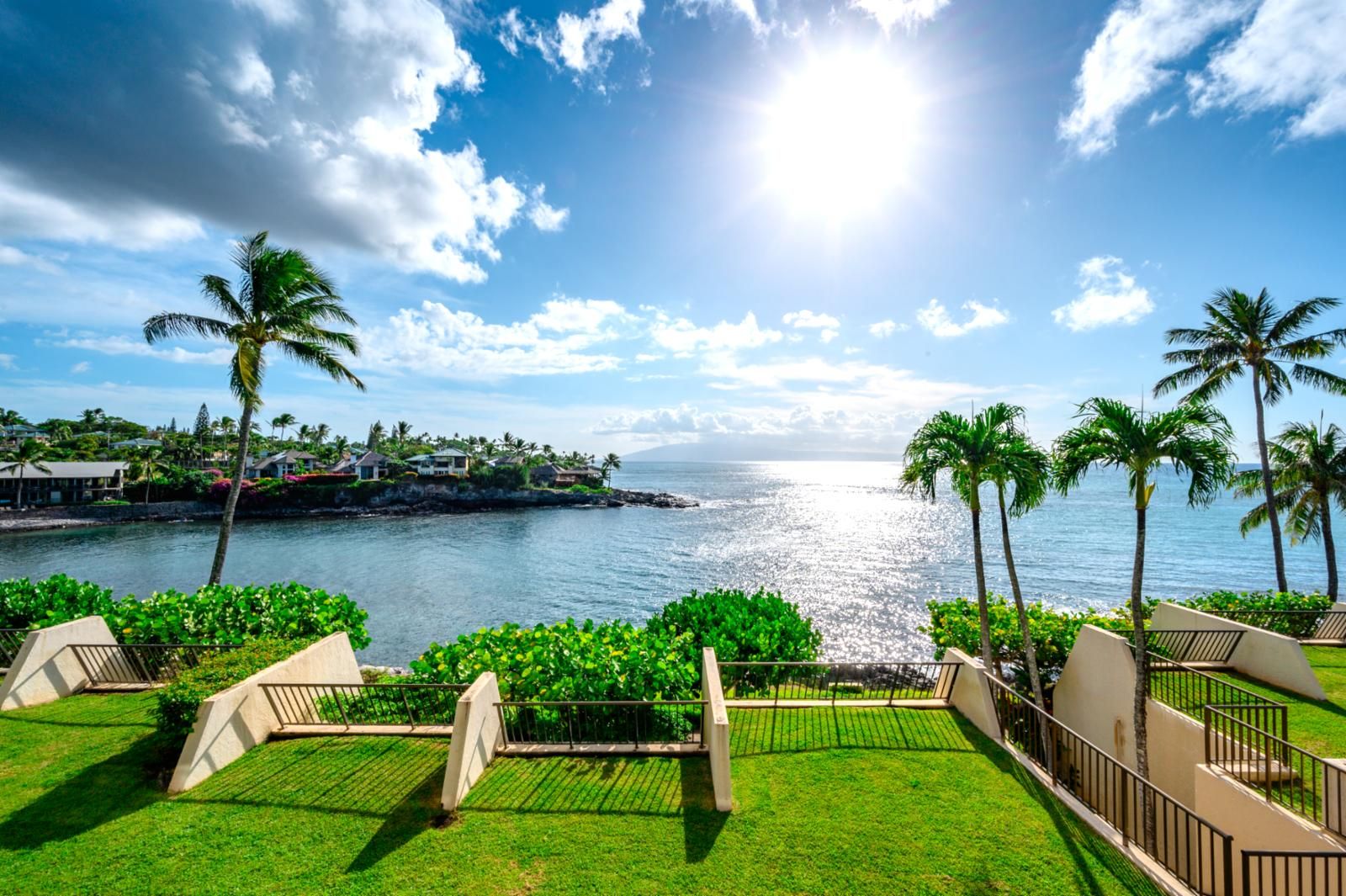 A coastal view with a clear sky, palm trees, and a well-maintained lawn.