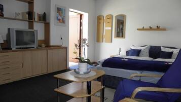 Ein Schlafzimmer mit Bett, Stuhl, Schreibtisch, Fernseher und einem Bücherregal.