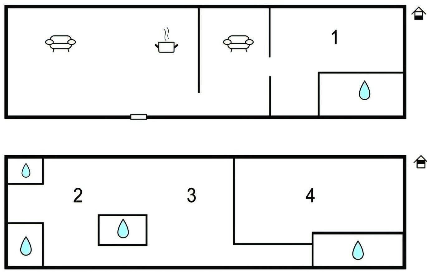 A floor plan with four rooms, each marked with a number. Room 1 has a bed and a window. Room 2 has a bed and a window. Room 3 has a bed and a window. Room 4 has a bed and a window.