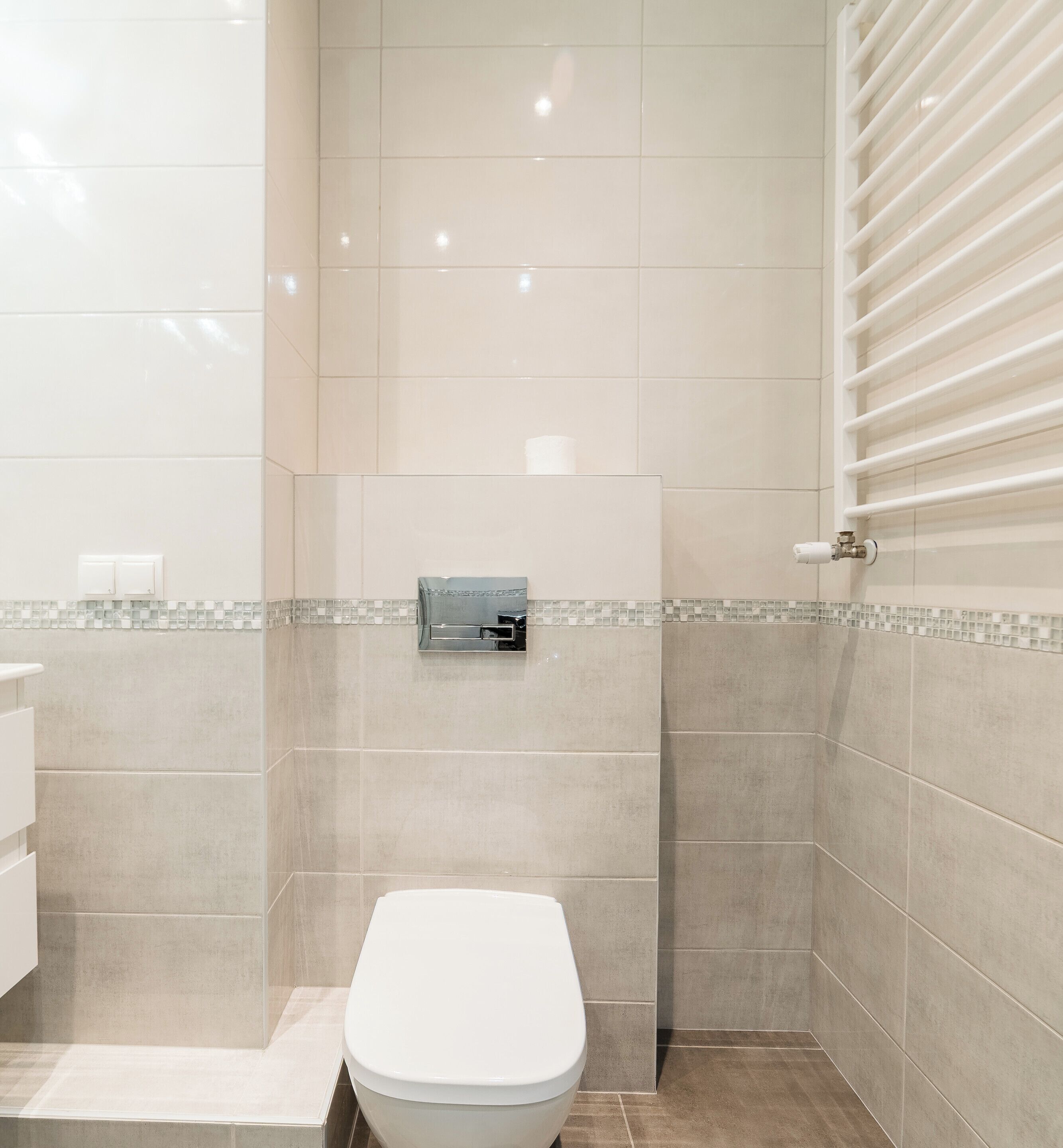 Un baño con inodoro, toallero y zona de ducha.