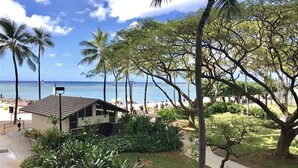 A beachfront property with a small building, palm trees, and a clear view of the ocean. - Oceanfront Paradise 1Bdrm at the Waikiki Shore (Honolulu)
