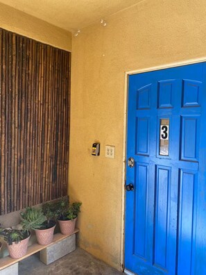 A blue door with the number 3, a bamboo wall, and potted plants on a shelf. - The little house (Bakersfield)