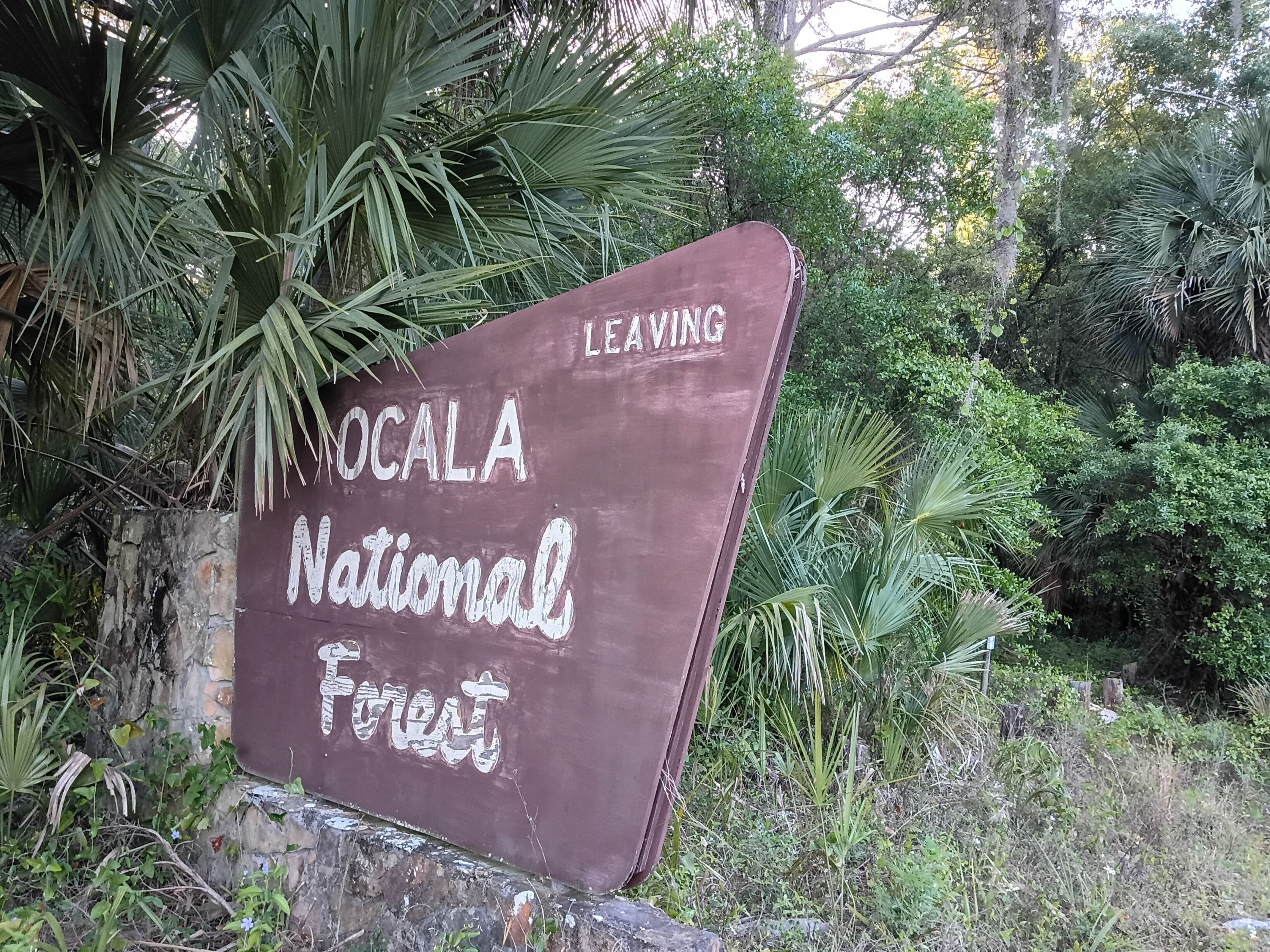 Ein Schild für den Ocala National Forest mit dem Wort 'LEAVING' oben.