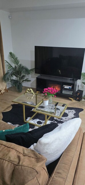 Ein Wohnzimmer mit einer Couch, einem Glastisch, einem Flachbildfernseher, einem Kamin und einer Zimmerpflanze.