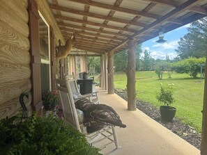 A covered porch with a wooden ceiling, a white rocking chair, a table with a potted plant, and a deer head decoration.