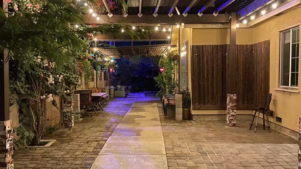 Une terrasse extérieure couverte, avec un chemin en briques, des guirlandes lumineuses et des plantes en pot.