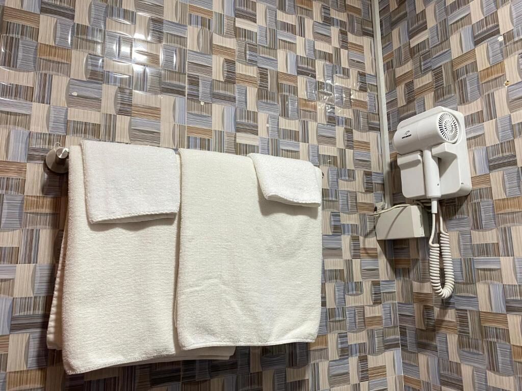 Ein Badezimmer mit einem Wandbelag aus Mustern, einem Handtuchhalter mit einem gefalteten Handtuch und einem an der Wand befestigten Fön.