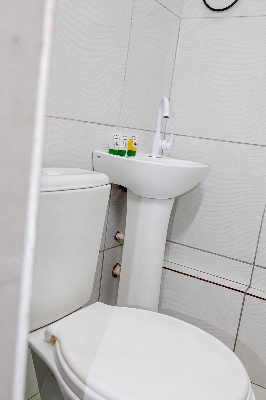 Un baño con inodoro blanco, lavamanos pedestal y dos dispensadores de papel higiénico.