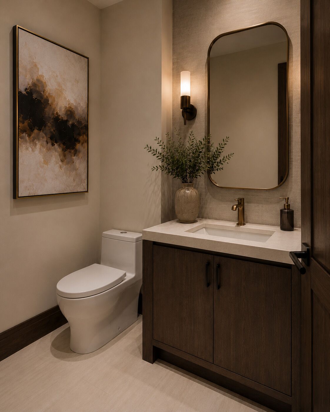 A modern bathroom with a toilet, vanity, and a large mirror.