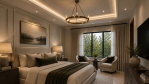Un'ampia camera da letto con un letto grande, due comodini, un lampadario, un televisore e una finestra con tende.