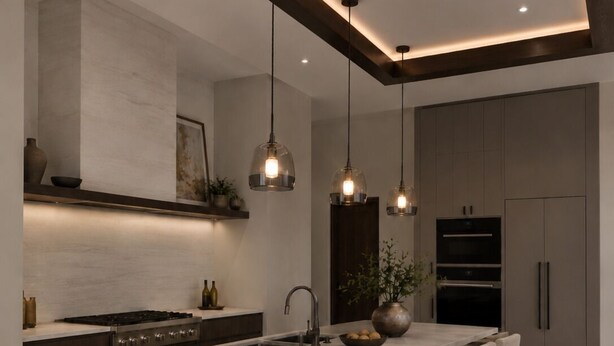 Una cucina moderna con isola centrale, sgabelli da bar, illuminazione a sospensione ed elettrodomestici integrati.