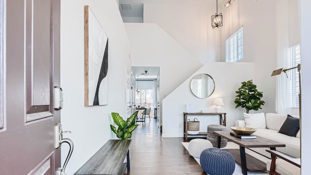 Un interior moderno con un banco de madera, un espejo redondo, una planta en maceta y un sofá.