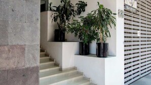 A modern building entrance with a set of stairs, potted plants, and a metal gate. - Massive rooftop terrace steps from everything (Mexico City)