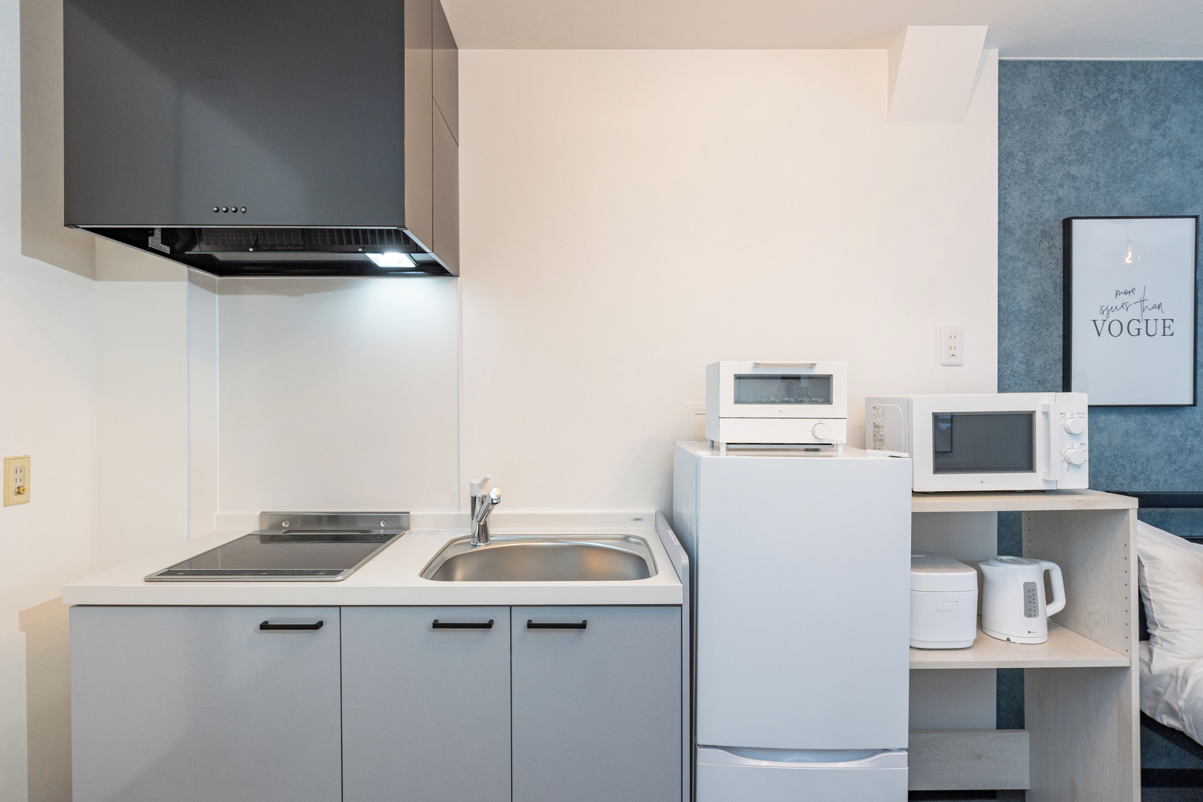 Fridge, microwave, stovetop, toaster