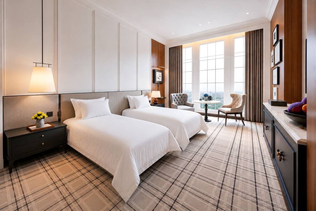 A hotel room with two beds, a nightstand, a lamp, a chair, a table, and a view of the city through large windows.
