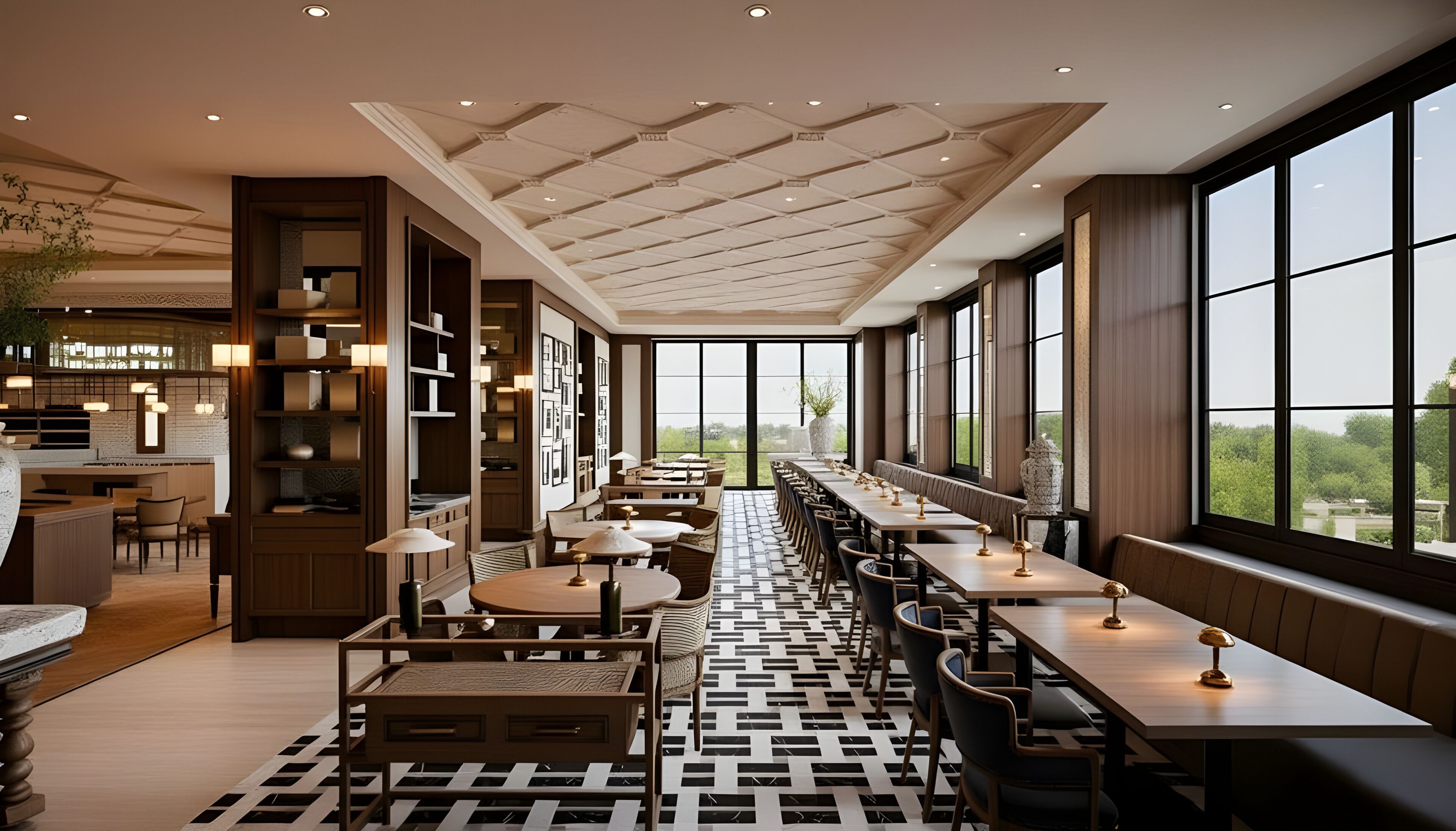 A modern restaurant with a long dining area, high ceilings, and large windows.