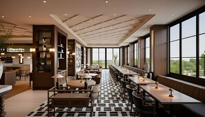 A modern restaurant with a long dining area, high ceilings, and large windows. - Marqen Hotel (Jakarta)