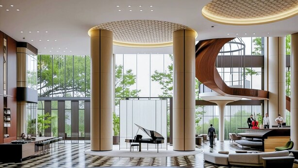 Un hall d’entrée spacieux, agrémenté de grandes colonnes, d’un piano à queue et d’un escalier moderne.