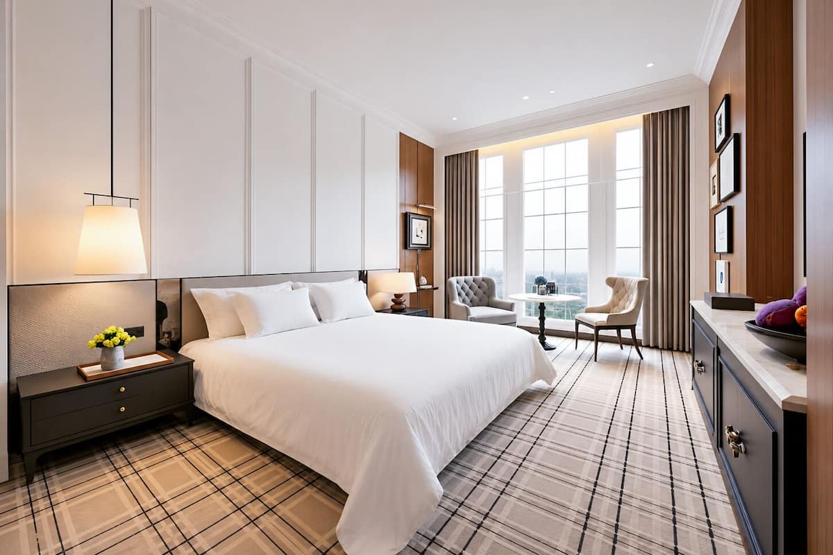 A hotel room with a large bed, a nightstand with a lamp, a chair, a small table, and a view of the city through large windows.