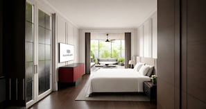 A modern bedroom with a large bed, a TV, a desk, and a view of greenery outside. - Marqen Hotel (Jakarta)