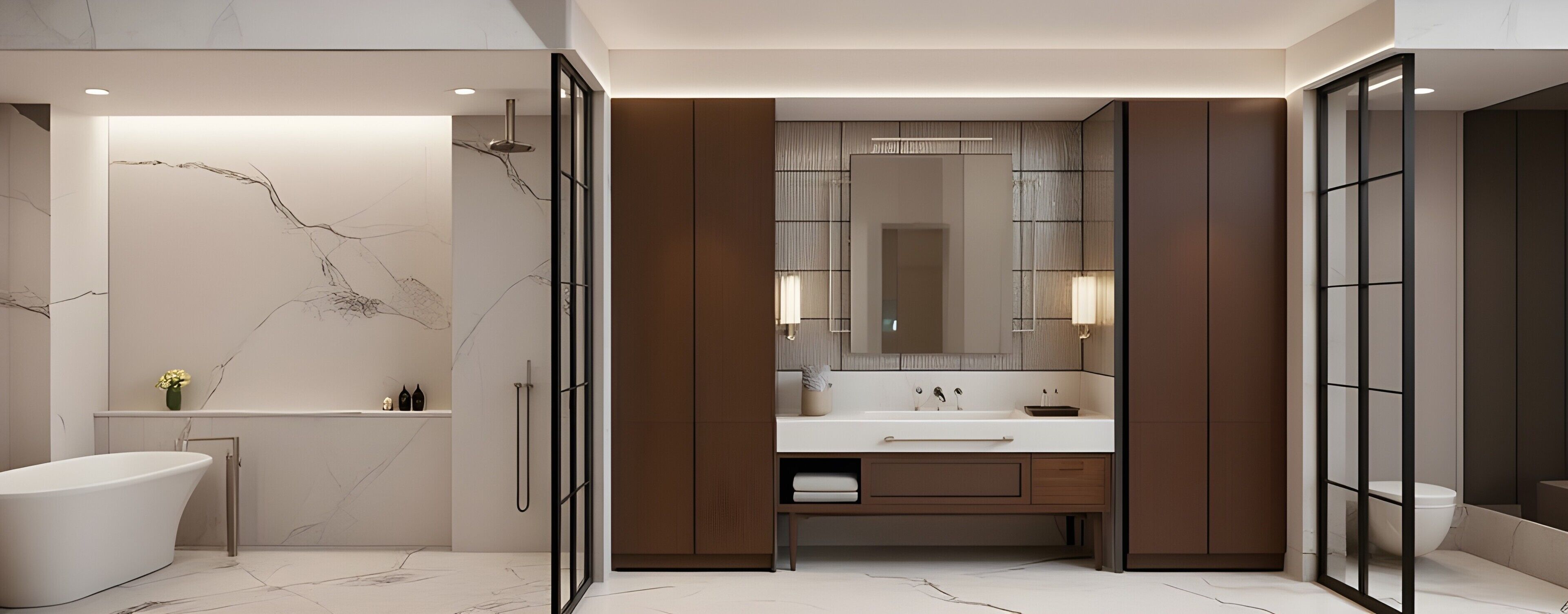 Un baño moderno con una bañera independiente, un espejo grande y un tocador con lavamanos.