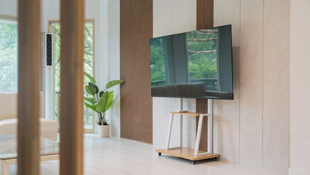 A modern living room with a flat-screen TV mounted on a wall, a potted plant, and a sofa. - Pocheon New Dream Pension (Pocheon)