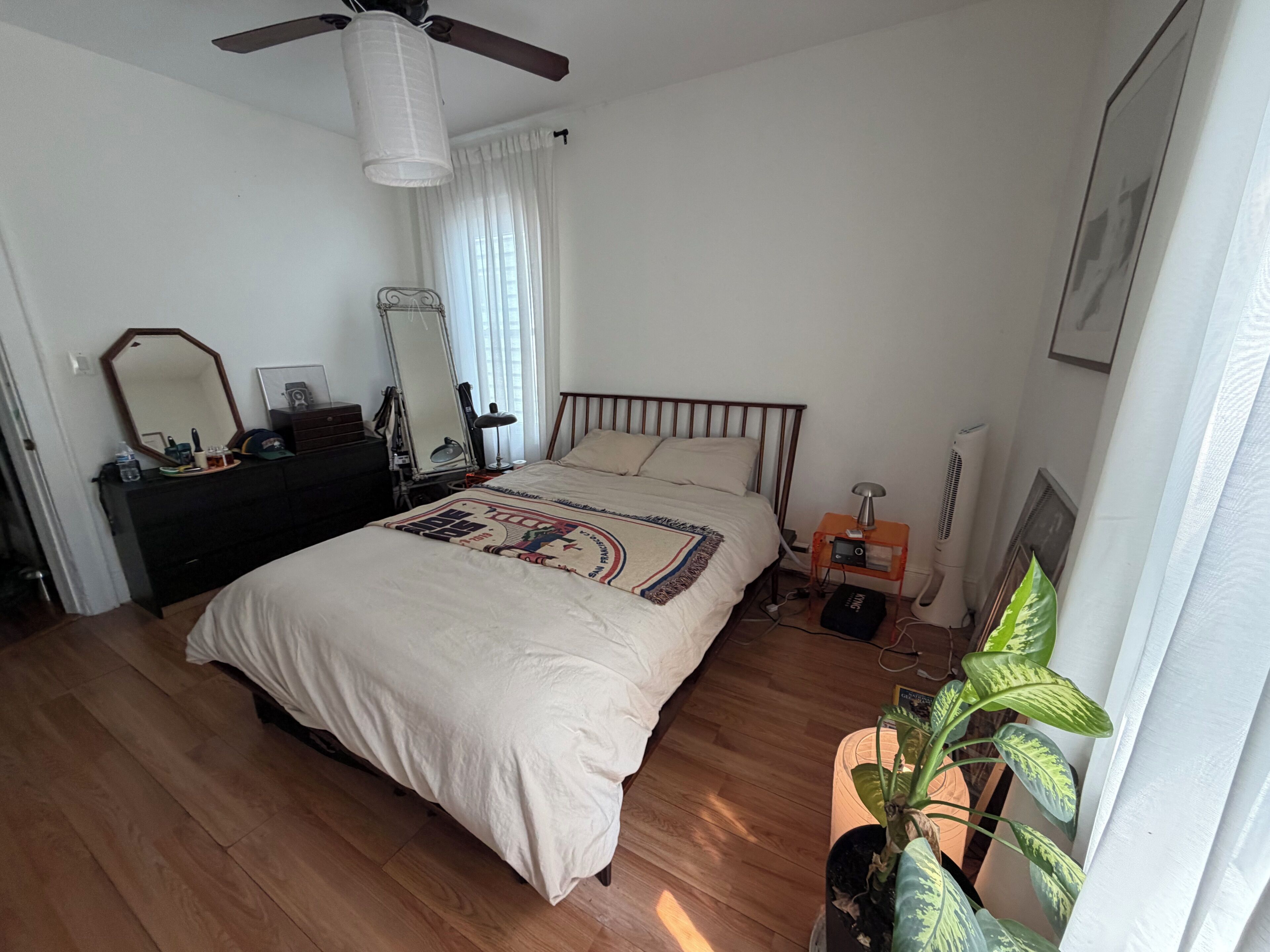 A bedroom with a bed, dresser, mirror, lamp, and a potted plant.