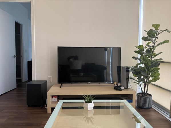 A living room with a flat-screen TV on a wooden stand, a glass coffee table, a potted plant, and a door leading to another room.