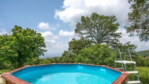 Ein rechteckiger Pool mit Holzrand, umgeben von üppiger Vegetation und Bäumen.