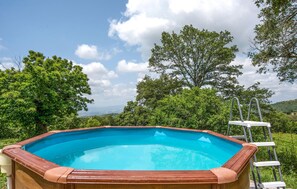 Ein rechteckiger Pool mit Holzrand, umgeben von üppiger Vegetation und Bäumen.
