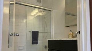 Une salle de bain avec douche, toilettes et lavabo.