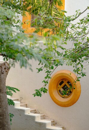 Un escalier agrémenté d’une fenêtre circulaire, le tout entouré de verdure.