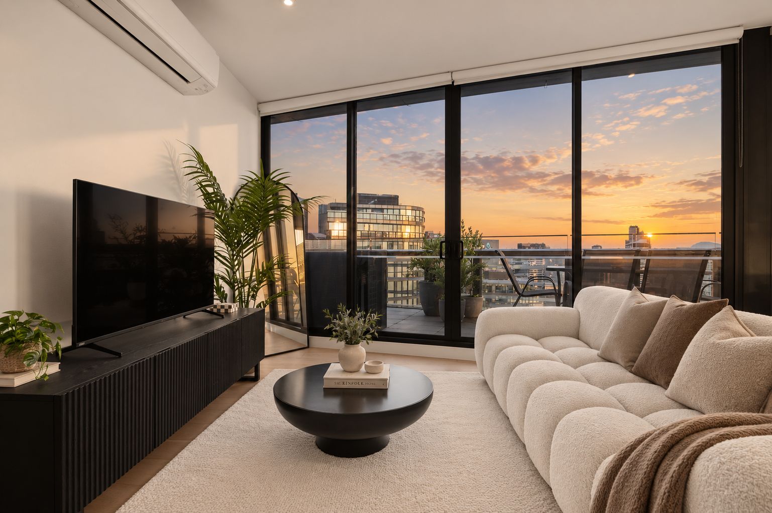 A modern living room with a flat-screen TV, a black coffee table, a beige sofa, and large windows offering a city view.