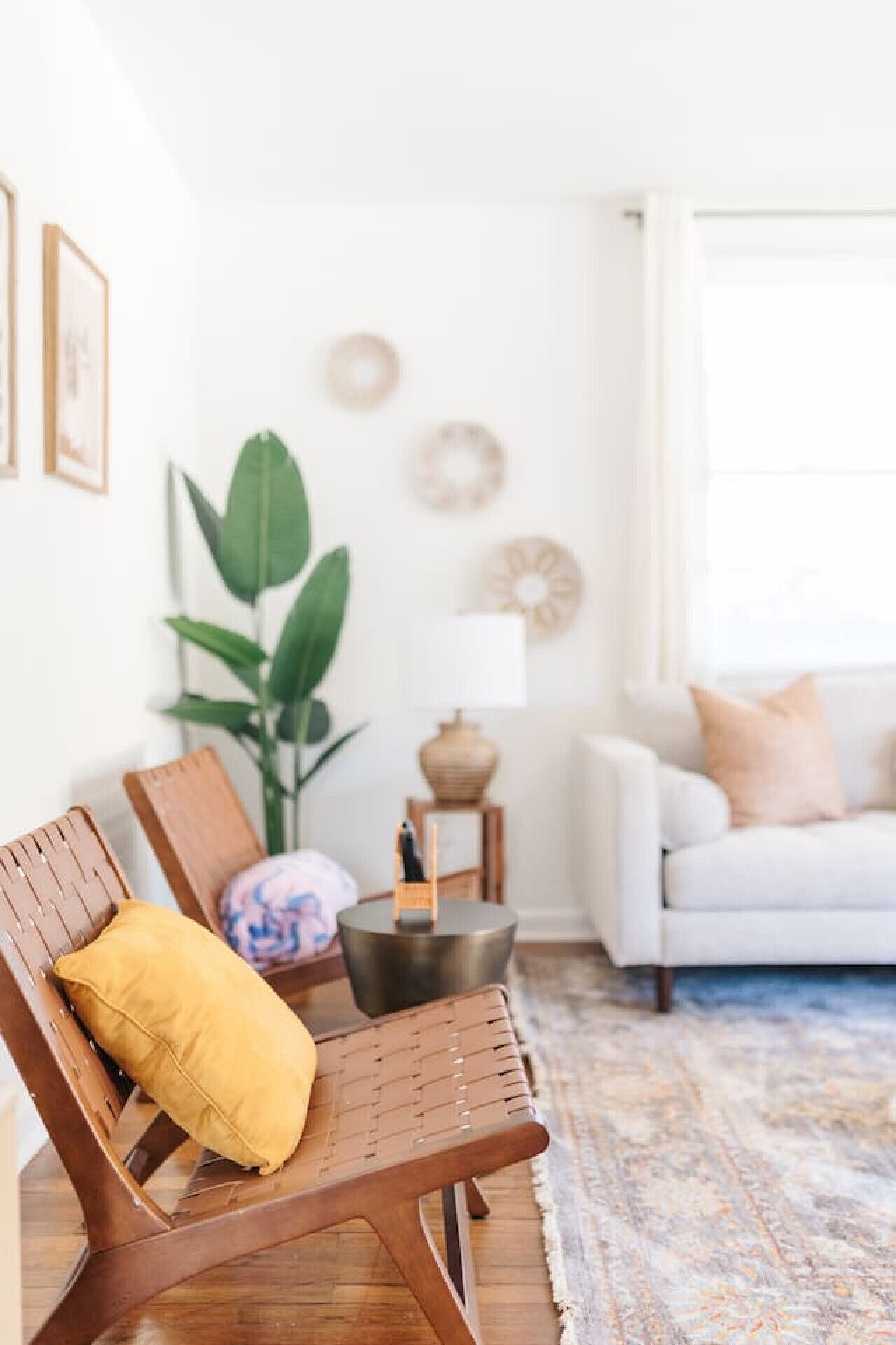 A living room with a wooden chair, a sofa, a lamp, and a plant.
