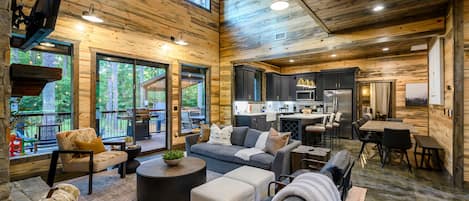 Smart TV, fireplace, foosball, books