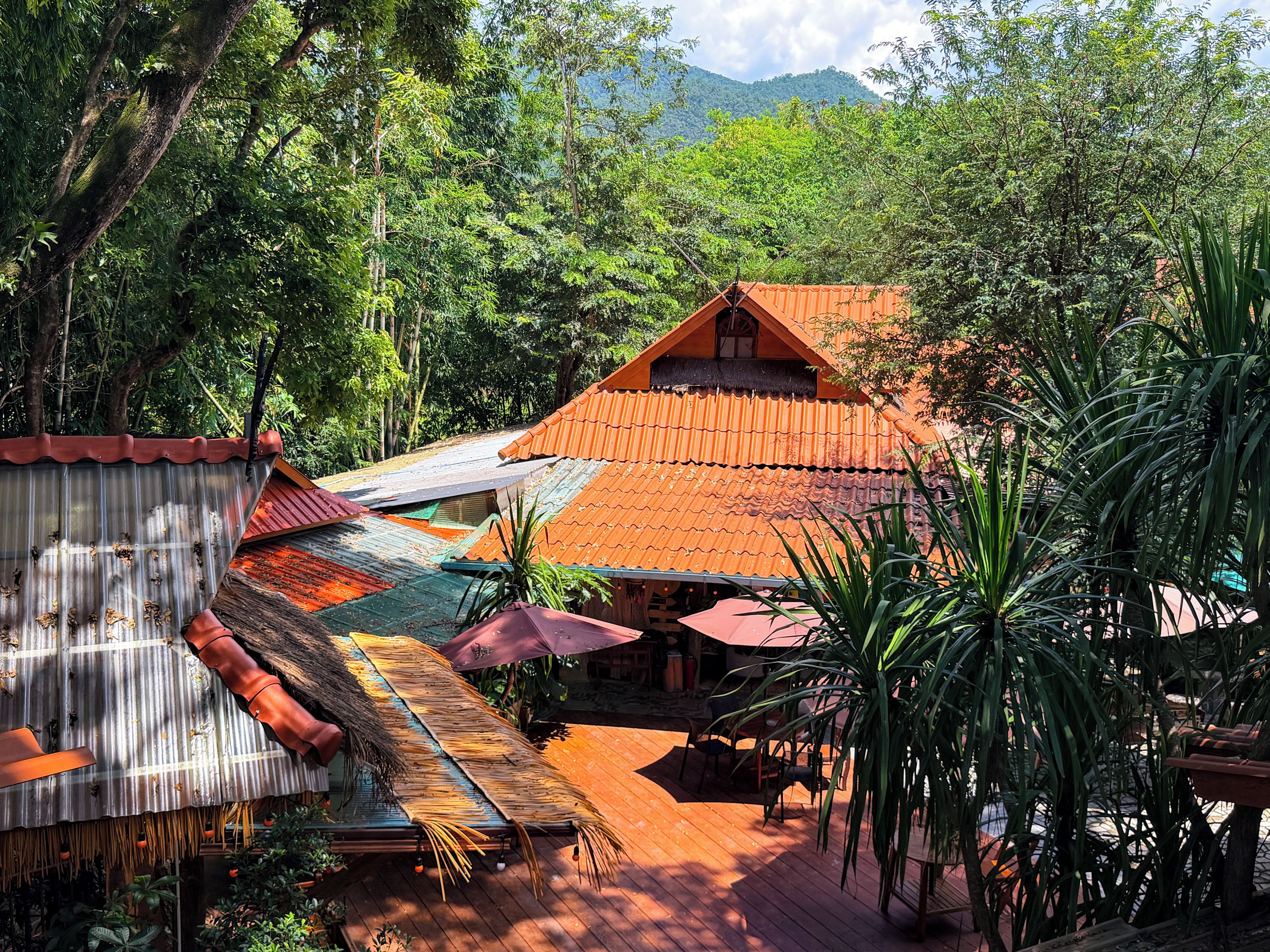 A traditional wooden structure with a thatched roof, surrounded by lush greenery and a mountain in the background.