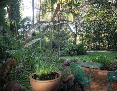 A garden with a patio area, including a table and chairs, surrounded by lush greenery and trees.