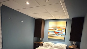 Una camera da letto con un letto, una lampada a soffitto, un quadro appeso al muro e un comodino.